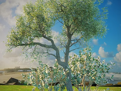 Tall Lush Arbor With Dense Green Foliage And Sturdy Trunk Standing On Green Grass Under Blue Sky 3d model