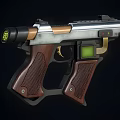 Tactical Metallic Silver Pistol With Brown Textured Grip Flashlight Attachment And Emblem