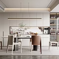 Home Dining Room Dining Table and Chair Combination Hanging Lamp Wine Cabinet Sideboard Green Plant 3d model