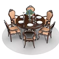 Classic Dark Wood Dining Table Set With Carved Chairs Light Cushions And Table Decor