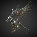 Fantasy Ornate Metallic Mechanical Dragon With Silver Wings And Red Gemstone Accents