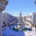 Scenic Commercial Street with White Arched Buildings Water Canal Gondola Boats and Pedestrians