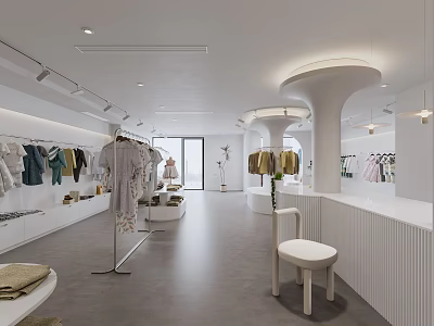 Modern Minimalist Clothing Store Interior With Hanging Apparel And Display Racks 3d model