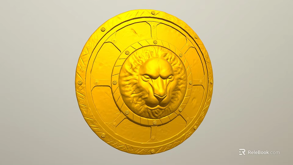 Golden Shield Sculpture Featuring Lion Head Carving With Decorative Patterns And Rivets 3d model 