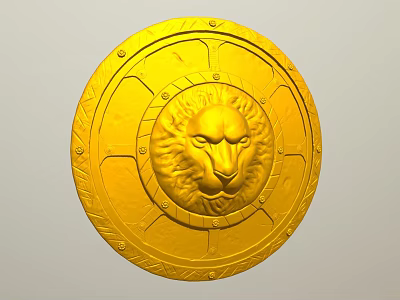 Golden Shield Sculpture Featuring Lion Head Carving With Decorative Patterns And Rivets 3d model