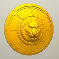 Golden Shield Sculpture Featuring Lion Head Carving With Decorative Patterns And Rivets