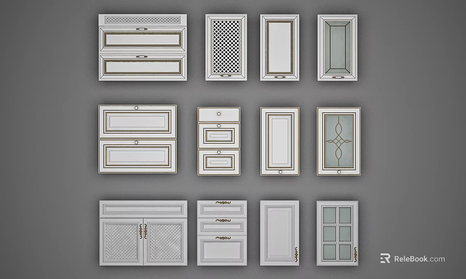 Different White Kitchen Cabinet Door Styles With Various Patterns And Designs 3d model