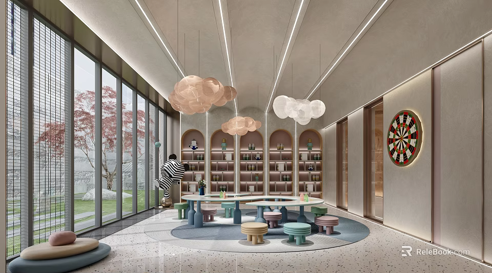 Modern Sales Office Interior Design with Cloud Pendant Lights Bookshelves Round Tables and Colorful Stools 3d model 