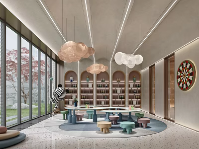 Modern Sales Office Interior Design with Cloud Pendant Lights Bookshelves Round Tables and Colorful Stools 3d model