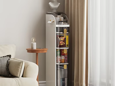 Living Room With Beige Sofa Small Side Table Candle Spinning Storage Rack And Canned Goods 3d model