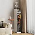 Living Room With Beige Sofa Small Side Table Candle Spinning Storage Rack And Canned Goods