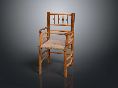 Classic Wooden Armchair With Woven Seat Curved Armrests And Carved Backrest 3d model