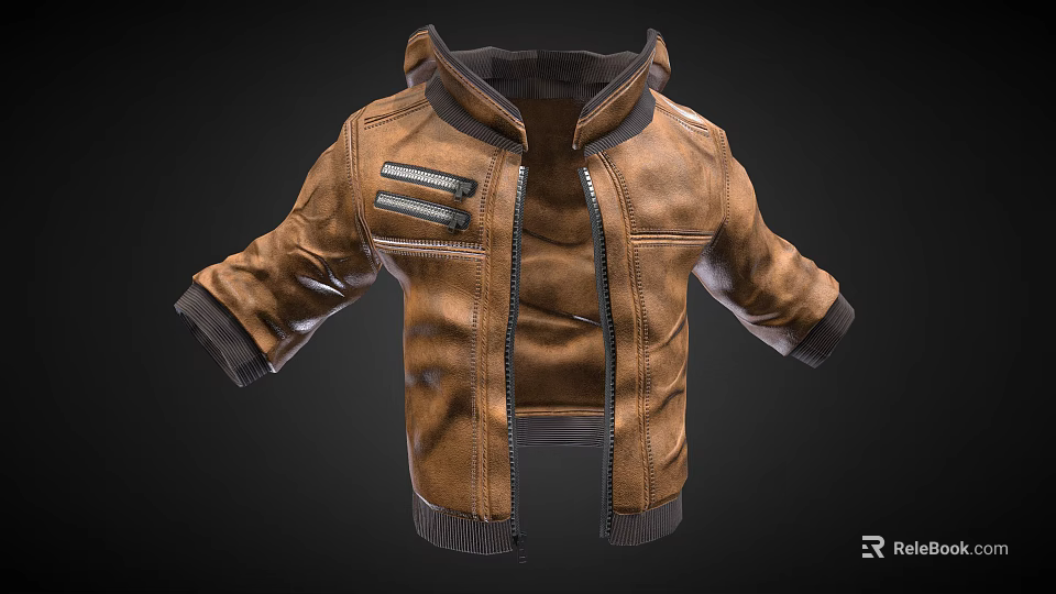 Brown Leather Jacket With Hooded Design Zipper Pockets And Casual Style 3d model 