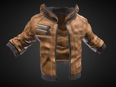 Brown Leather Jacket With Hooded Design Zipper Pockets And Casual Style 3d model