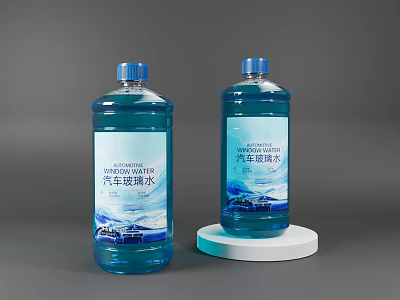 Blue Windshield Washer Fluid Bottles With Car Graphics And Labels On 3d model