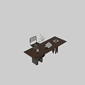Modern Brown Office Desk With Laptop Vase Plant Magazine And Black Mesh Back Chair