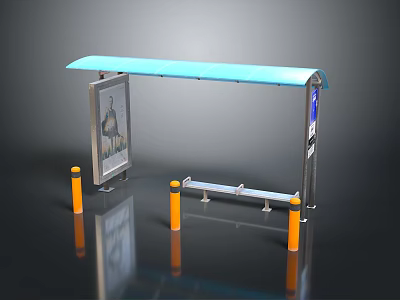 Bus Shelter Equipment Featuring Blue Roof Bench Advertising Board and Orange Bollards 3d model