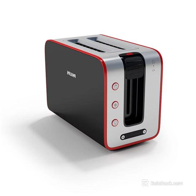 Modern Black and Red Kitchen Toaster with Silver Trim and Control Buttons 3d model