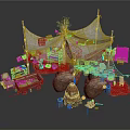 Rustic Canvas Tent Structure With Wooden Poles Barrels Cart And Hay Bales