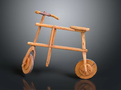 Handcrafted Wooden Tricycle With Natural Wood Handlebar Seat And Wheels 3d model