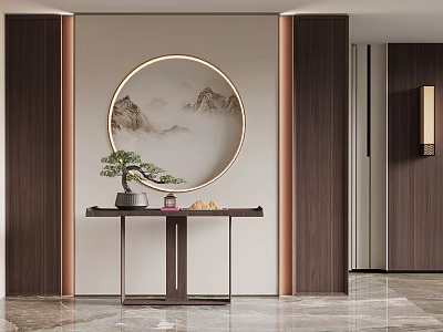 Elegant Entryway Console Table with Circular Landscape Art and Potted Bonsai in Modern Design 3d model