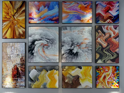 Multiple Abstract Paintings With Various Colors Fluid Patterns And Textures On Wall 3d model