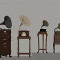 Vintage Gramophones Display With Ornate Wooden Stands And Metallic Horns