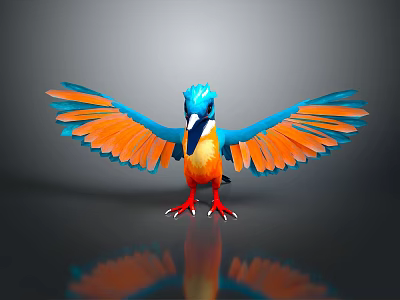 Flying Animal Kingfisher With Blue Head Orange Spread Wings Standing On Black Surface And Reflection 3d model