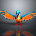 Flying Animal Kingfisher With Blue Head Orange Spread Wings Standing On Black Surface And Reflection