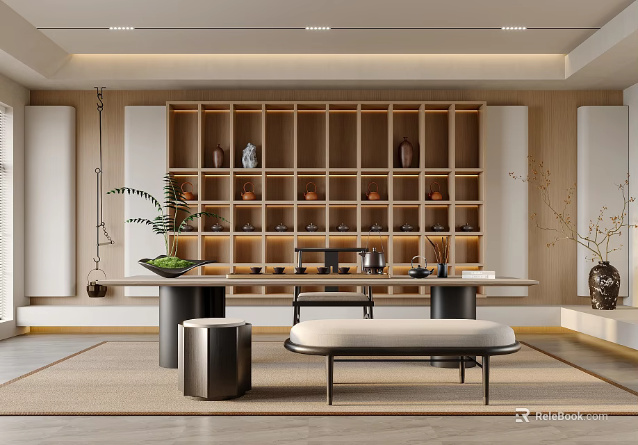Modern Tea Room Interior With Display Shelves Seating And Plants 3d model