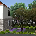 Beautiful Detached Villa With White Upper Floor Stone Wall Green Lawn And Purple Flowers