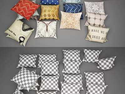 Colorful Decorative Throw Pillows With Various Patterns And Text Designs For Home Decor 3d model