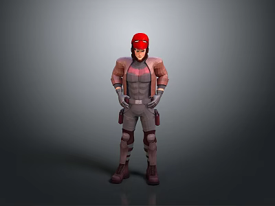 A Man in Red Helmet and Brown Gray Outfit Standing with Hands on Hips 3d model
