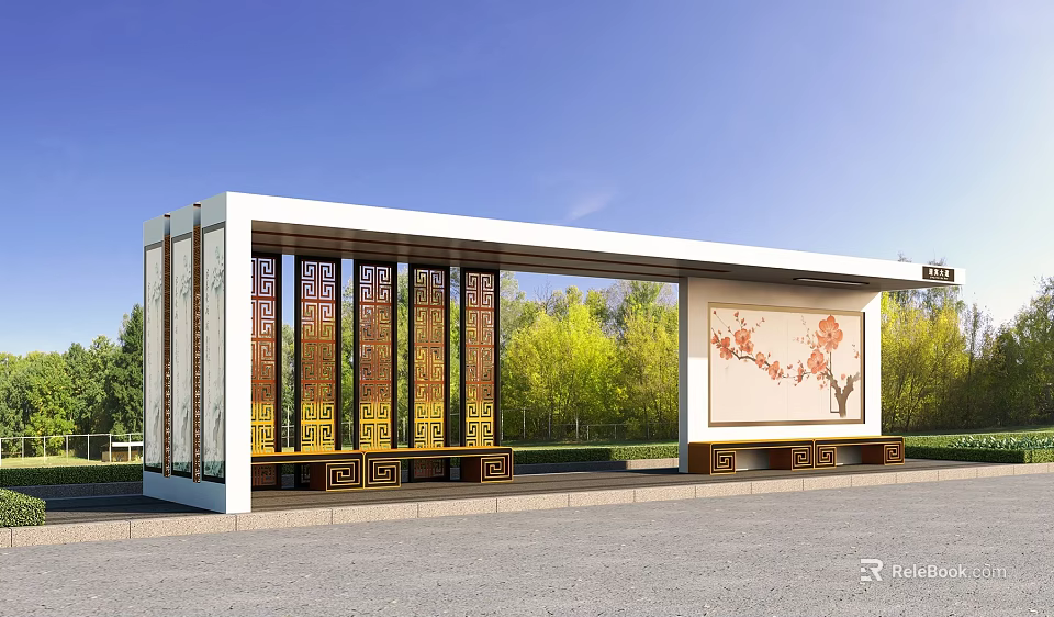 Modern Roadside Bus Stop Facility With White Canopy Decorative Grilles And Plum Blossom Painting 3d model 