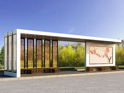Modern Roadside Bus Stop Facility With White Canopy Decorative Grilles And Plum Blossom Painting 3d model