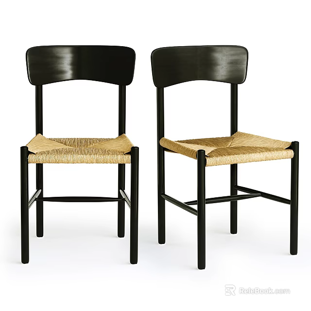 Stylish Modern Dining Chairs With Black Backrests And Woven Light Colored Seats 3d model 