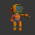 Orange Robot Character Featuring Blue Screen Antenna And Metallic Mechanical Arms 3d model