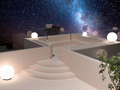 Starry Sky Background Leisure Area With White Steps Round Glowing Lights Railing And Green Plants 3d model