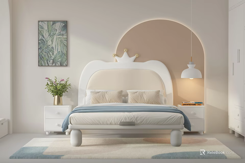 White Children's Bed With Crown Shaped Headboard Bedside Tables Wall Painting And Hanging Lamp 3d model 