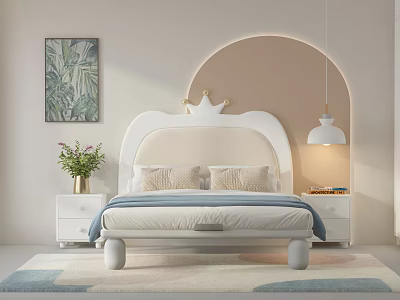 White Children's Bed With Crown Shaped Headboard Bedside Tables Wall Painting And Hanging Lamp 3d model