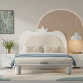 White Children's Bed With Crown Shaped Headboard Bedside Tables Wall Painting And Hanging Lamp