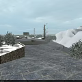 Snowy Garden Landscape With Yellow Buildings Pine Trees And Frozen Pond