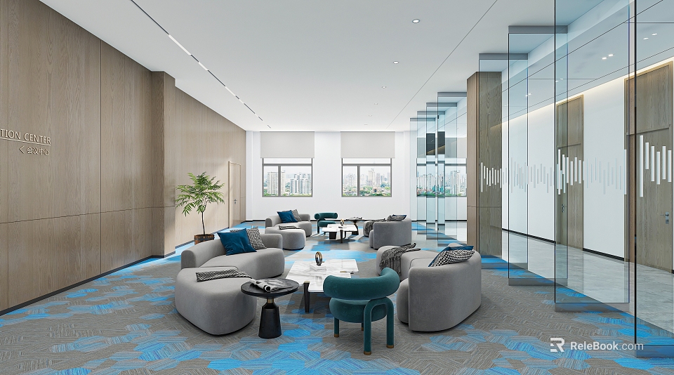 Modern Open Lounge Area With Gray Blue Sofas Coffee Tables Green Plant And Glass Partitions 3d model 