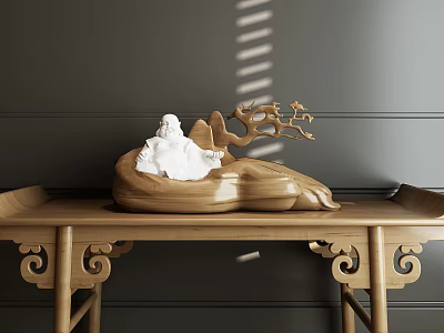 Wooden Console Table With White Statue Carved Base And Dark Wall Light Stripes 3d model