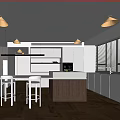 Modern Kitchen Interior With Island Counter Bar Stools Pendant Lights And Cabinets