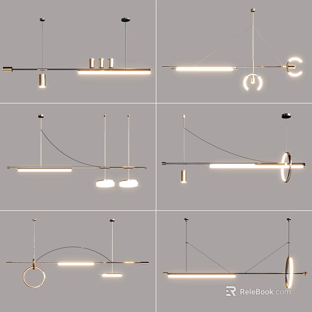 Modern Pendant Lights With Geometric Linear Curved Circular Metal Frame Designs 3d model