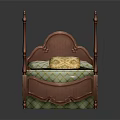 People Resting On Red Wooden Four Poster Bed With Green Checkered Mattress And Yellow Pillow