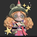 Curly Haired Glasses Wearing Character Holding Book With Reptiles On Pointed Hat And Stars Around