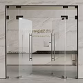 Modern Glass Double Doors With Black Metal Frame And Marble Wall Interior