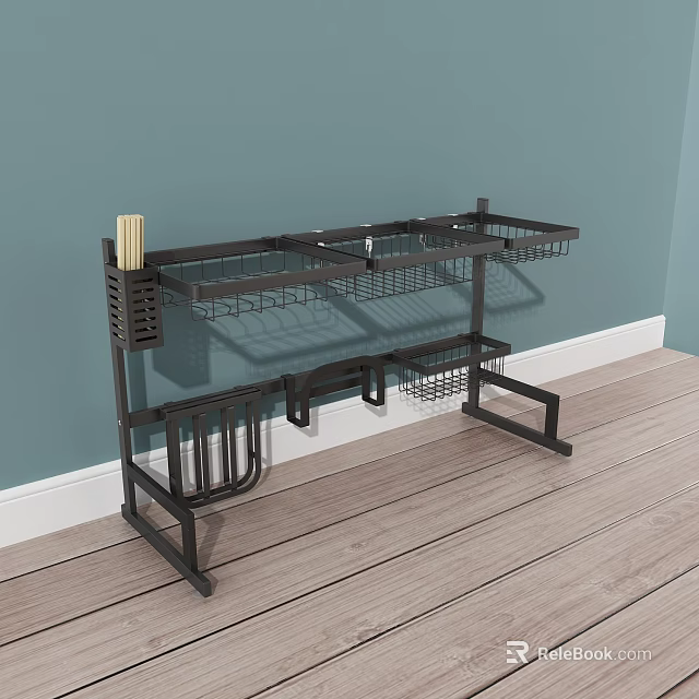 Black Metal Kitchen Storage Rack With Multi-tiered Wire Shelves Hooks And Utensil Holder 3d model 